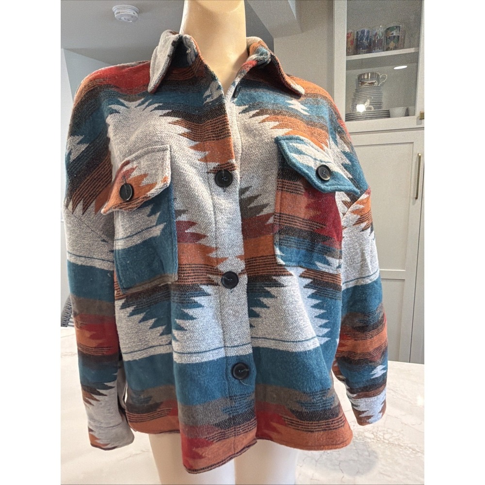 Women's Aztec Southwestern Shacket Shirt Jacket Turquoise Oversized Medium